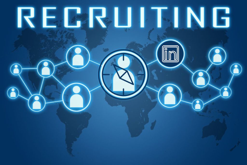 People presented like pawn figures across the world, connected with lines, with a title: Recruiting, trying to explain how Linkedin Recruiter connects the employers and employees