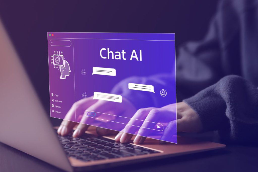 Illustration of a person typing on a laptop with a virtual Chat AI interface displayed, symbolizing how ChatGPT enhances lead generation through automated customer interactions, content creation, and lead qualification when integrated with tools.