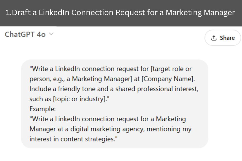 Screenshot of a task prompt asking to draft a LinkedIn connection request for a Marketing Manager. The instructions suggest including a friendly tone and shared professional interests. An example is provided for a Marketing Manager at a digital marketing agency, mentioning an interest in content strategies.