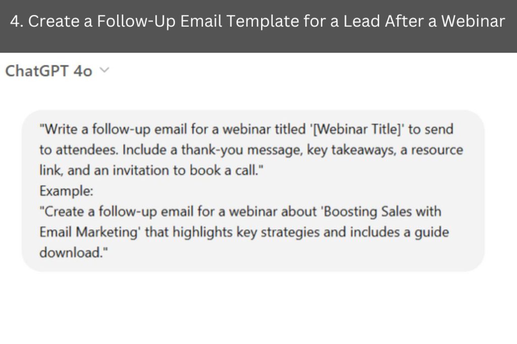 Screenshot of a task prompt asking to create a follow-up email template for a webinar lead. The email should include a thank-you message, key takeaways, a resource link, and an invitation to book a call. An example is provided for a webinar about 'Boosting Sales with Email Marketing,' highlighting key strategies and offering a guide download.