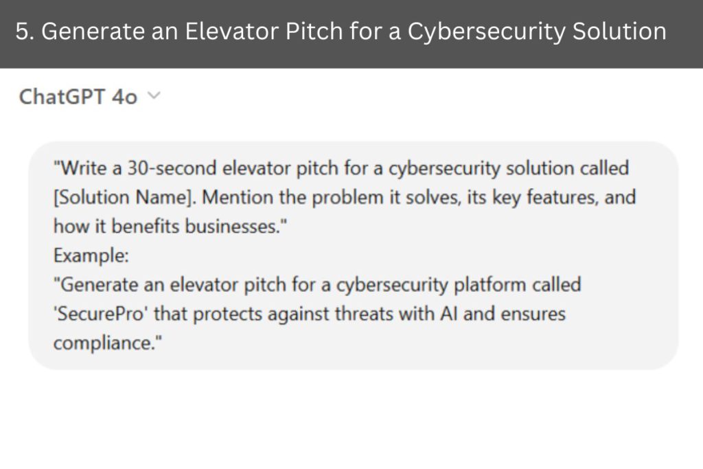 Screenshot of a task prompt asking to generate a 30-second elevator pitch for a cybersecurity solution. The pitch should mention the problem it solves, its key features, and the benefits it provides to businesses. An example is given for a platform called 'SecurePro' that protects against threats using AI and ensures compliance.